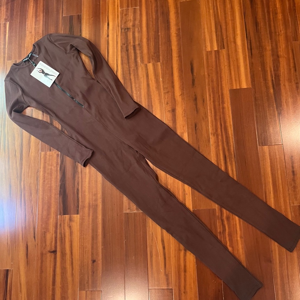 Naked Wardrobe Brown Jumpsuit Ribbed Long Sleeve Zip Front New NWT Large